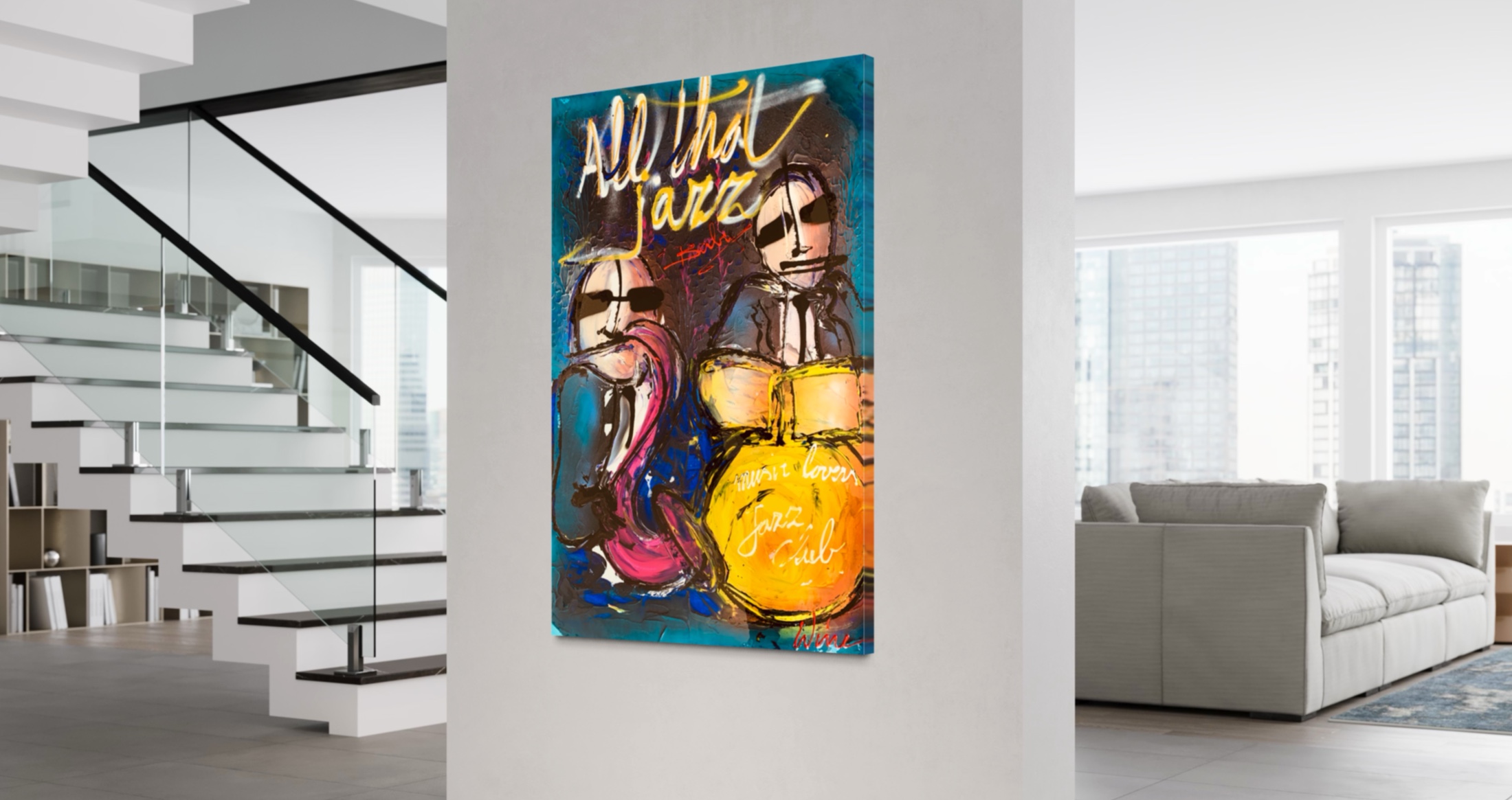 Kleurrijk modern schilderij “All That Jazz” van kunstenaar Geoffrey Wijn.