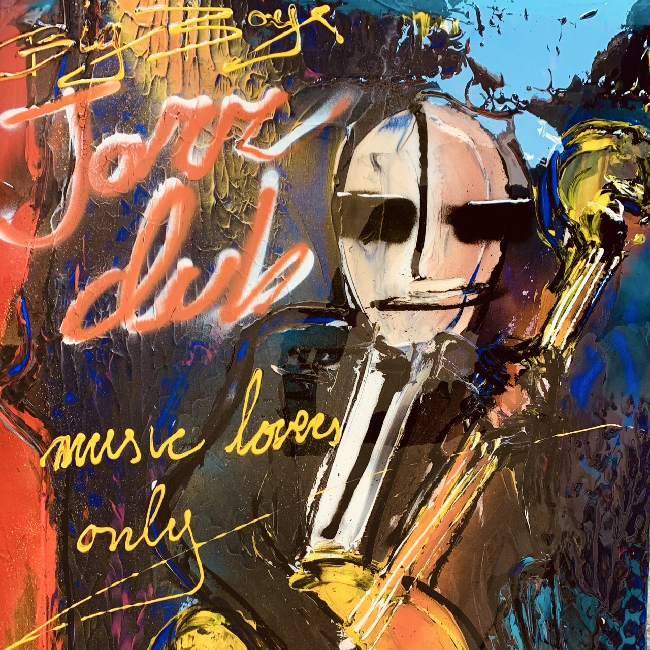 All That Jazz schilderij van Geoffrey Wijn met kleurrijke muzikanten, ritme en een levendige jazzsfeer.