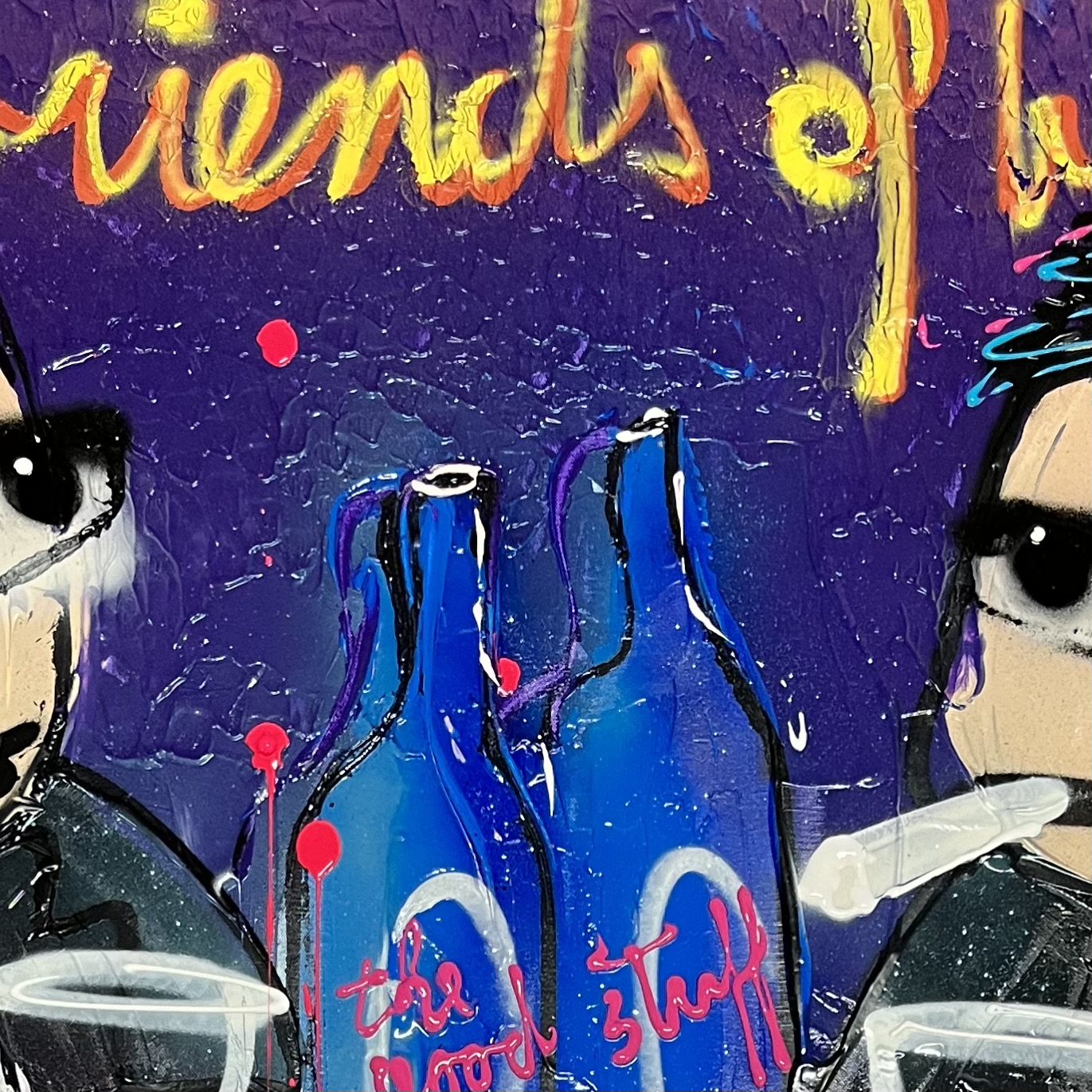 Friends of Wine schilderij van Geoffrey Wijn met kleurrijke figuren die vriendschap, verbinding en samenzijn uitbeelden.
