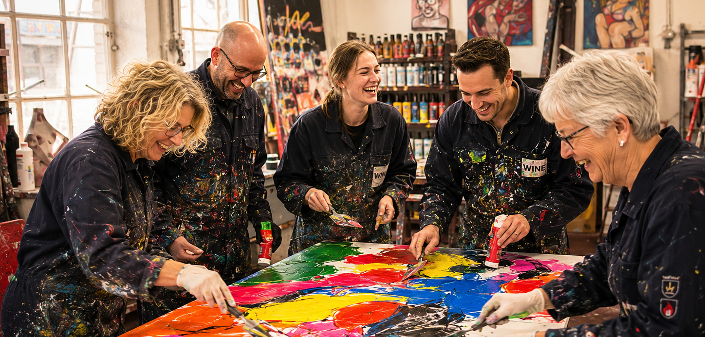 Groep vriendinnen geniet van een gezellige schilderworkshop in het kleurrijke atelier van kunstenaar Geoffrey Wijn in Roosendaal. Iedereen maakt een eigen schilderij met paletmessen.